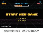 START NEW GAME play .pixel art .8 bit game. retro game. for game assets .Retro Futurism Sci-Fi Background. glowing neon grid. and stars from vintage arcade computer games