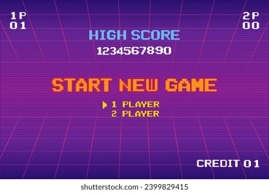 START NEW GAME play .pixel art .8 bit game. retro game. for game assets in vector illustrations.	