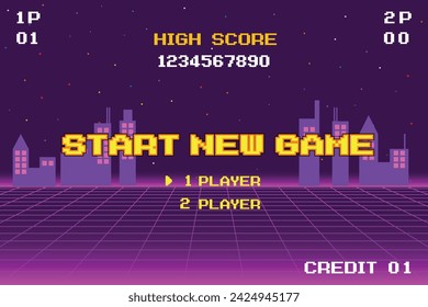 START NEW GAME play .pixel art .8 bit game. retro game. for game assets in vector illustrations.