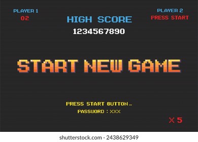 START NEW GAME play .pixel art .8 bit game. retro game. for game assets in vector illustrations.