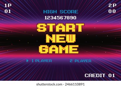 START NEW GAME play .pixel art .8 bit game. retro game. for game assets in vector illustrations.