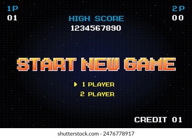 START NEW GAME play .pixel art .8 bit game. retro game. for game assets .Retro Futurism Sci-Fi Background. glowing neon grid. and stars from vintage arcade computer games