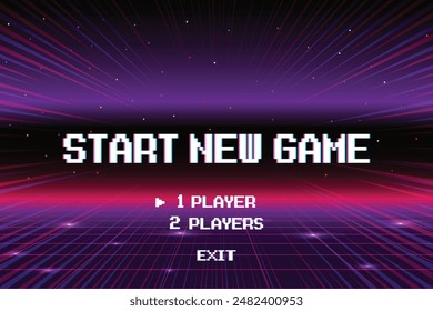 START NEW GAME play .pixel art .8 bit game. retro game. for game assets in vector illustrations.