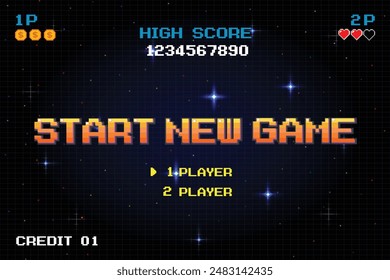 START NEW GAME play .pixel art .8 bit game. retro game. for game assets in vector illustrations.