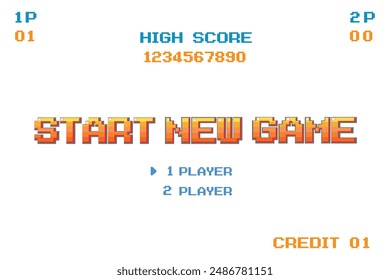 START NUEVO JUEGO jugar .pixel art .8 bit juego. juego retro. para los activos del juego en las Ilustraciones vectoriales.