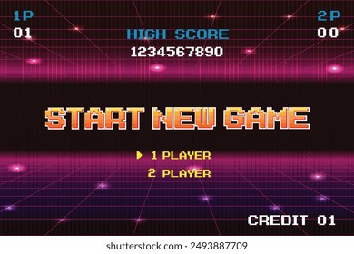 START NEW GAME play .pixel art .8 bit game. retro game. for game assets in vector illustrations.