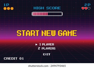 START NEW GAME play .pixel art .8 bit game. retro game. for game assets .Retro Futurism Sci-Fi Background. glowing neon grid. and stars from vintage arcade computer games