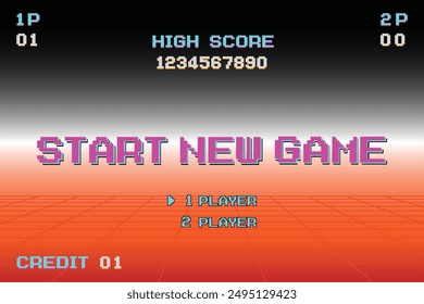 START NEW GAME play .pixel art .8 bit game. retro game. for game assets in vector illustrations.
