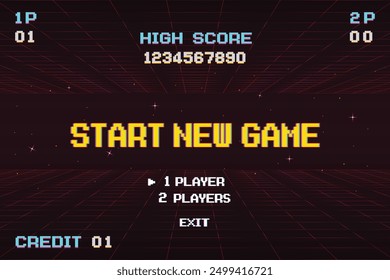 START NEW GAME play .pixel art .8 bit game. retro game. for game assets in vector illustrations.