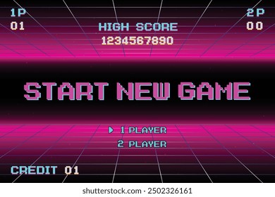 START NEW GAME play .pixel art .8 bit game. retro game. for game assets .Retro Futurism Sci-Fi Background. glowing neon grid. and stars from vintage arcade computer games