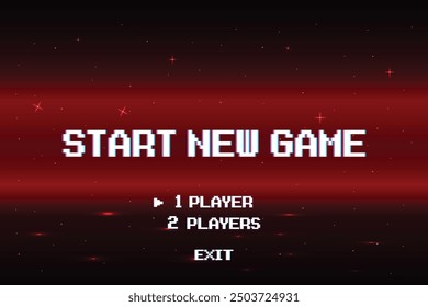 START NEW GAME play .pixel art .8 bit game. retro game. for game assets .Retro Futurism Sci-Fi Background. glowing neon grid. and stars from vintage arcade computer games