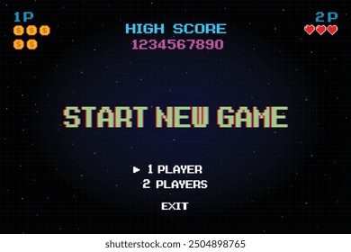 DÉMARRER NOUVEL JEU jouer .pixel art .8 bit jeu. jeu rétro. pour les ressources du jeu .Arrière-plan rétro futuriste science-fiction. grille au néon incandescent. et des étoiles de jeux d'arcade vintage