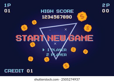 DÉMARRER NOUVEL JEU jouer .pixel art .8 bit jeu. jeu rétro. pour les ressources du jeu .Arrière-plan rétro futuriste science-fiction. grille au néon incandescent. et des étoiles de jeux d'arcade vintage