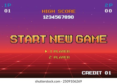 DÉMARRER NOUVEL JEU jouer .pixel art .8 bit jeu. jeu rétro. pour les ressources du jeu .Arrière-plan rétro futuriste science-fiction. grille au néon incandescent. et des étoiles de jeux d'arcade vintage