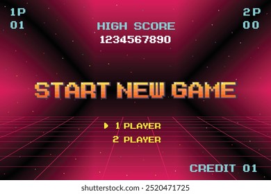 INICIAR NOVO JOGO jogar .pixel arte .8 bit jogo. jogo retro. para ativos de jogo .Retro Futurismo Sci-Fi Fundo. grade de neon brilhante. e estrelas de vintage arcade jogos de computador