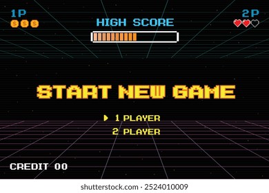 INICIAR NOVO JOGO jogar .pixel arte .8 bit jogo. jogo retro. para ativos de jogo .Retro Futurismo Sci-Fi Fundo. grade de neon brilhante. e estrelas de vintage arcade jogos de computador