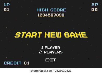 START NEW GAME play .pixel art .8 bit game. retro game. for game assets in vector illustrations.