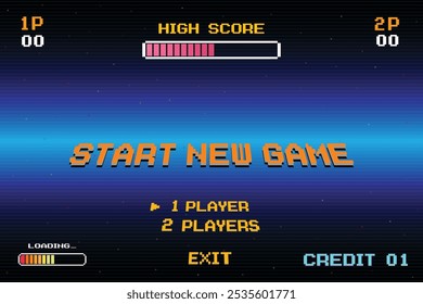 START NEW GAME play .pixel art .8 bit game. retro game. for game assets in vector illustrations.
