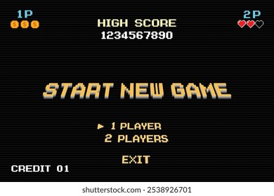 START NEW GAME play .pixel art .8 bit game. retro game. for game assets in vector illustrations.	