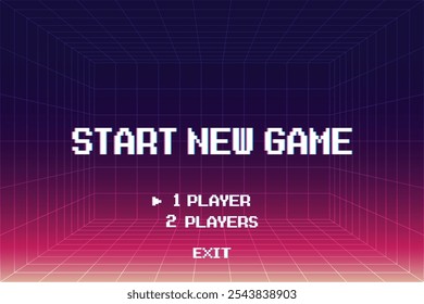 START NEW GAME play .pixel art .8 bit game. retro game. for game assets in vector illustrations.