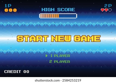 START NEW GAME. play. pixel art. 8 bit game. retro game. for game assets in vector illustrations.