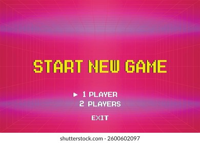 START NEW GAME play. pixel art .8 bit game. retro game. for game assets. Retro Futurism Sci-Fi Background. glowing neon grid. and stars from vintage arcade computer games