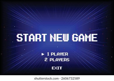 START NEW GAME. play. pixel art .8 bit game. retro game. for game assets in vector illustrations. Retro Futurism Sci-Fi Background. glowing neon grid. and stars from vintage arcade computer games