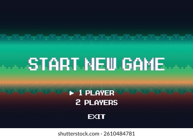 START NEW GAME play. pixel art .8 bit game. retro game. for game assets .Retro Futurism Sci-Fi Background. glowing neon grid. and stars from vintage arcade computer games