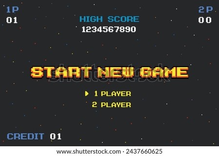 START NEW GAME play .pixel art .8 bit game. retro game. for game assets in vector illustrations.