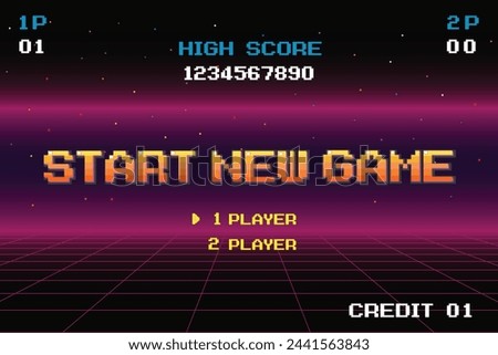 START NEW GAME play .pixel art .8 bit game. retro game. for game assets in vector illustrations.