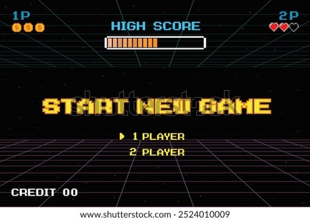START NEW GAME play .pixel art .8 bit game. retro game. for game assets .Retro Futurism Sci-Fi Background. glowing neon grid. and stars from vintage arcade computer games