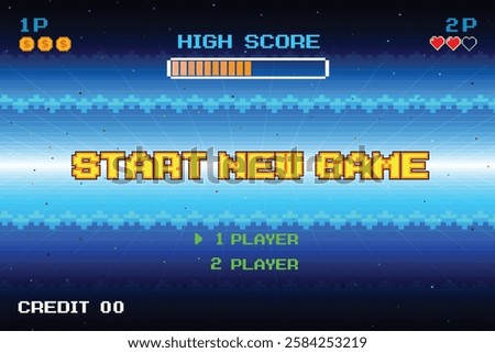 START NEW GAME. play. pixel art. 8 bit game. retro game. for game assets in vector illustrations.