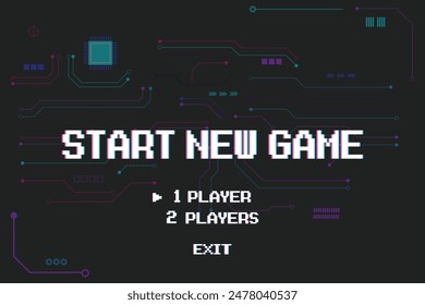 START NEW GAME play .Synthwave wireframe net illustration. pixel art .8 bit game. retro game. for game assets .Retro Futurism Sci-Fi Background. glowing neon grid. and stars.