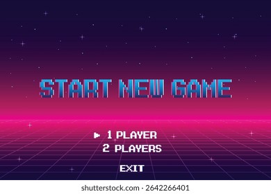 START NEW GAME play .Synthwave wireframe net illustration. pixel art .8 bit game. retro game. for game assets .Retro Futurism Sci-Fi Background. glowing neon grid. and stars.