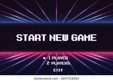 START NEW GAME play .Synthwave wireframe net illustration. pixel art .8 bit game. retro game. for game assets .Retro Futurism Sci-Fi Background. glowing neon grid. and stars.