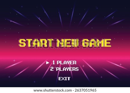 START NEW GAME play. Synthwave wireframe net illustration. pixel art .8 bit game. retro game. for game assets. Retro Futurism Sci-Fi Background. glowing neon grid. and stars.