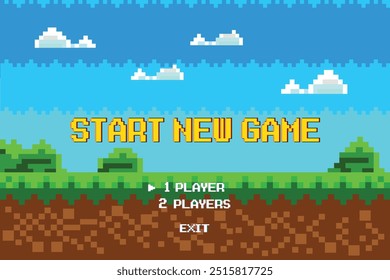 Start new game, players. pixel game background, natural landscape with blue sky, trees and green grass. Pixelated 8 bit video-game