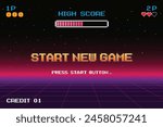 START NEW GAME .press start button .pixel art .8 bit game. retro game. for game assets in vector illustrations. Retro Futurism Sci-Fi Background. glowing neon grid. and stars from vintage arcade comp