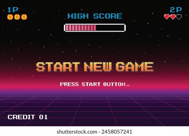 START NEW GAME .press start button .pixel art .8 bit game. retro game. for game assets in vector illustrations. Retro Futurism Sci-Fi Background. glowing neon grid. and stars from vintage arcade comp