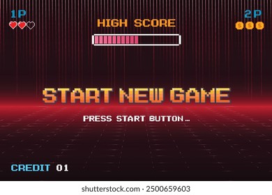 DÉMARRER JEU NOUVEL .appuyez sur le bouton de démarrage .pixel art .jeu 8 bits. jeu rétro. pour les ressources du jeu dans les illustrations vectorielles. Arrière-Plan Futurisme Rétro Sci-Fi. grille au néon incandescent. et étoiles de maquette d'arcade vintage.