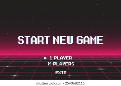 COMIENZA EL NUEVO JUEGO. presiona start Botón. pixel art. juego de 8 bits. juego retro. para activos de juego en Ilustraciones vectoriales. Fondo de ciencia ficción de futurismo retro. rejilla de neón brillante. y estrellas de la Muestra gratis arcade vintage.