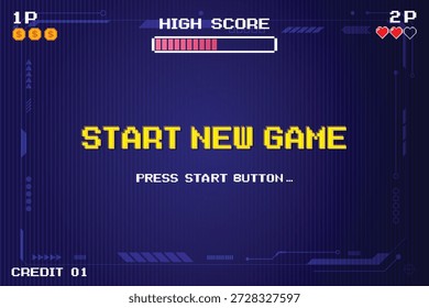 COMIENZA EL NUEVO JUEGO. Consola de juegos arcade pixelada retro. Pantalla de 8 bits. Prensa iniciar el Botón. Antiguas 1980s consola de juegos.