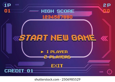 Start new game. Retro Video Game Background, circuit technology background design. UI HUD	
