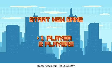 Start New Game screen with player selection on cityscape background. Retro arcade style menu. Modern city silhouette against blue sky. 8-bit game vector GUI.
