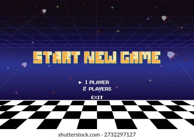 Iniciar nueva pantalla de juego. Máquina arcade de píxeles retro monitor de 8 bits. consola vintage de 1980.