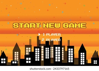 START NEUES SPIEL mit Sternenhimmel auf Stadt Hintergrund. Pixel Art .8 Bit Spiel. Retro-Spiel. für Spiel Assets in Vektor-Illustrationen.