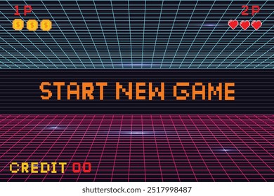 Lancez Nouvel Game. Illustration réseau filaire synthwave. jeu de pixel art .8 bit. retro ga.me. pour les ressources du jeu .Arrière-plan rétro futuriste science-fiction. grille au néon incandescent. et les étoiles