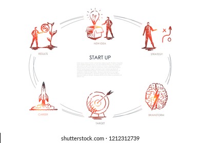 Start Up - new idea, strategy, results, career, target, brainstorm vector concept set. Hand drawn sketch isolated illustration