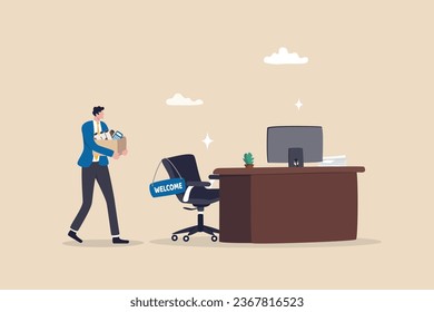 Start new job, onboarding new hire or begin career position, employee move to new office or opportunity, employment and recruitment concept, businessman starting new job walk to welcome office desk.