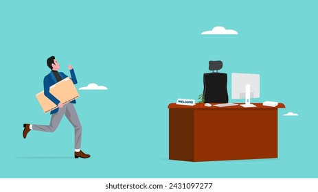 start a new job, promoted to new position or hiring staff for vacancy concept, employees work to a new office or move up the career ladder, happy businessman or employee run to his new job chair